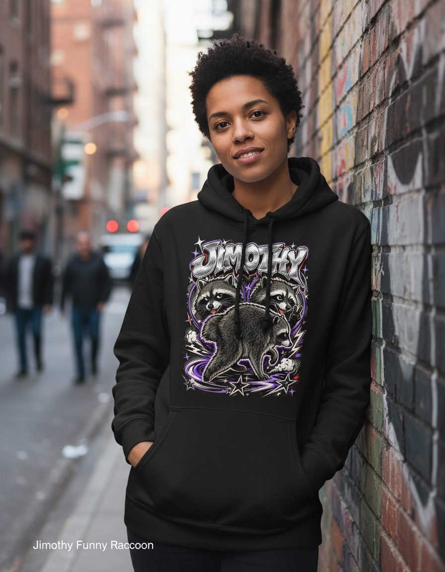 Jimothy Funny Raccoon Hoodie - lifestyle model mockup - Black