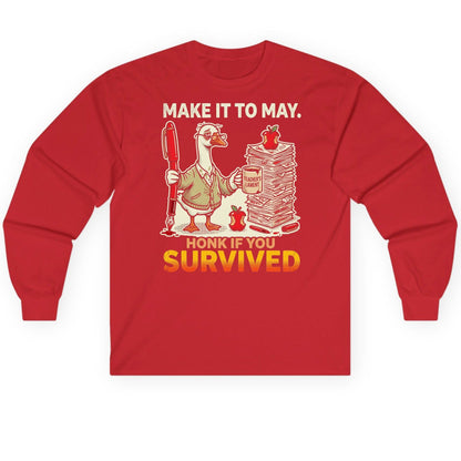 Make It to May Honk If You Survived Long Sleeve Tee - product mockup - Red