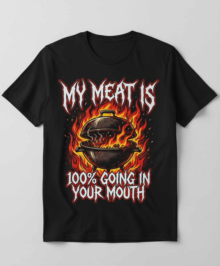 My Meat Is 100% Going In Your Mouth Funny BBQ Grill Design T-Shirt - Black