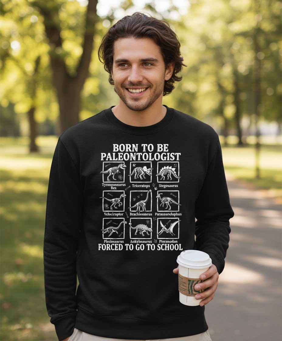 Born to Be Paleontologist Forced to Go to School dinosaurs Sweatshirt Black lifestyle mockup