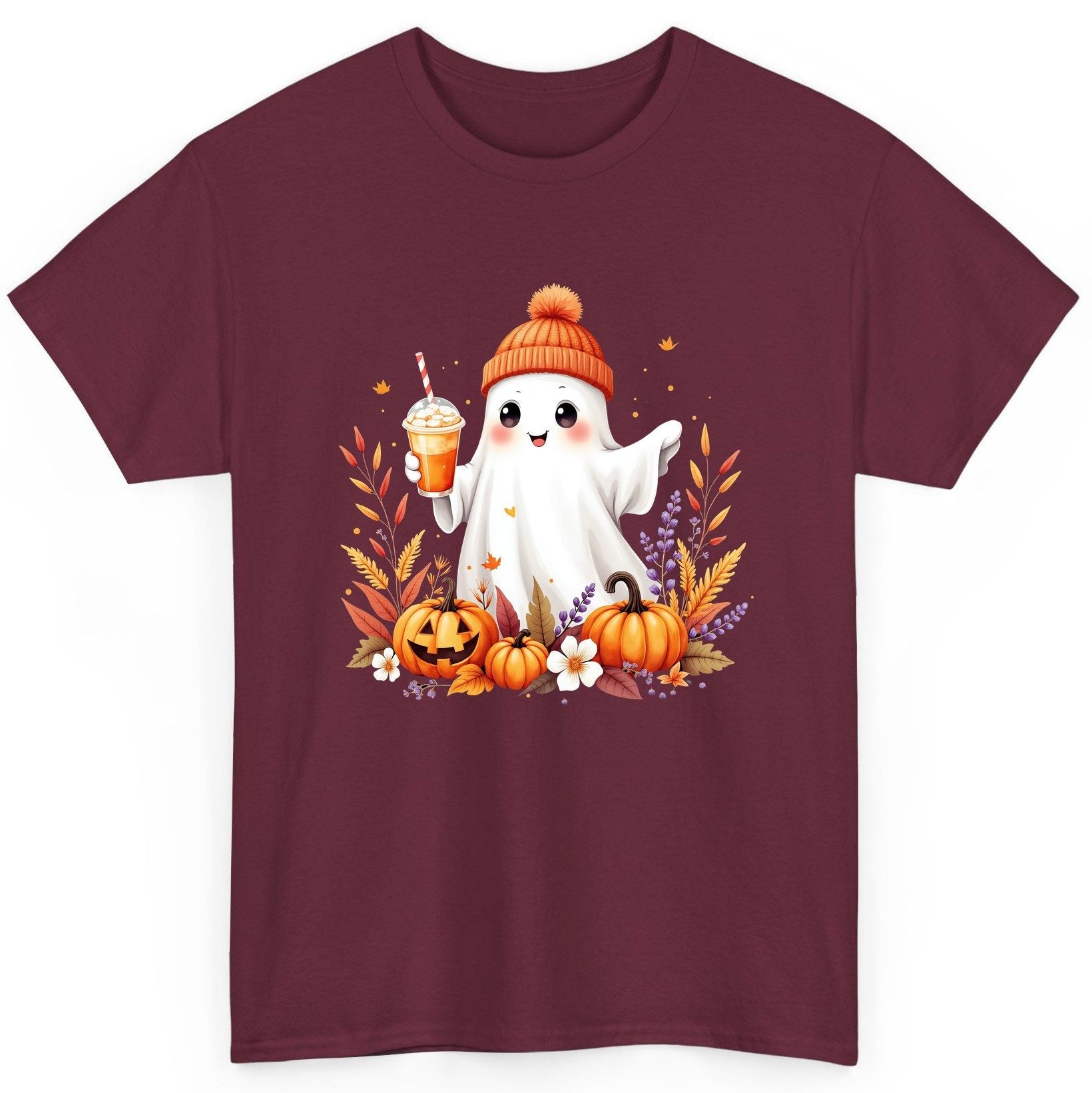 Cute Ghost Pumpkin Spice Latte cute Halloween ghost T-Shirt Maroon product mockup