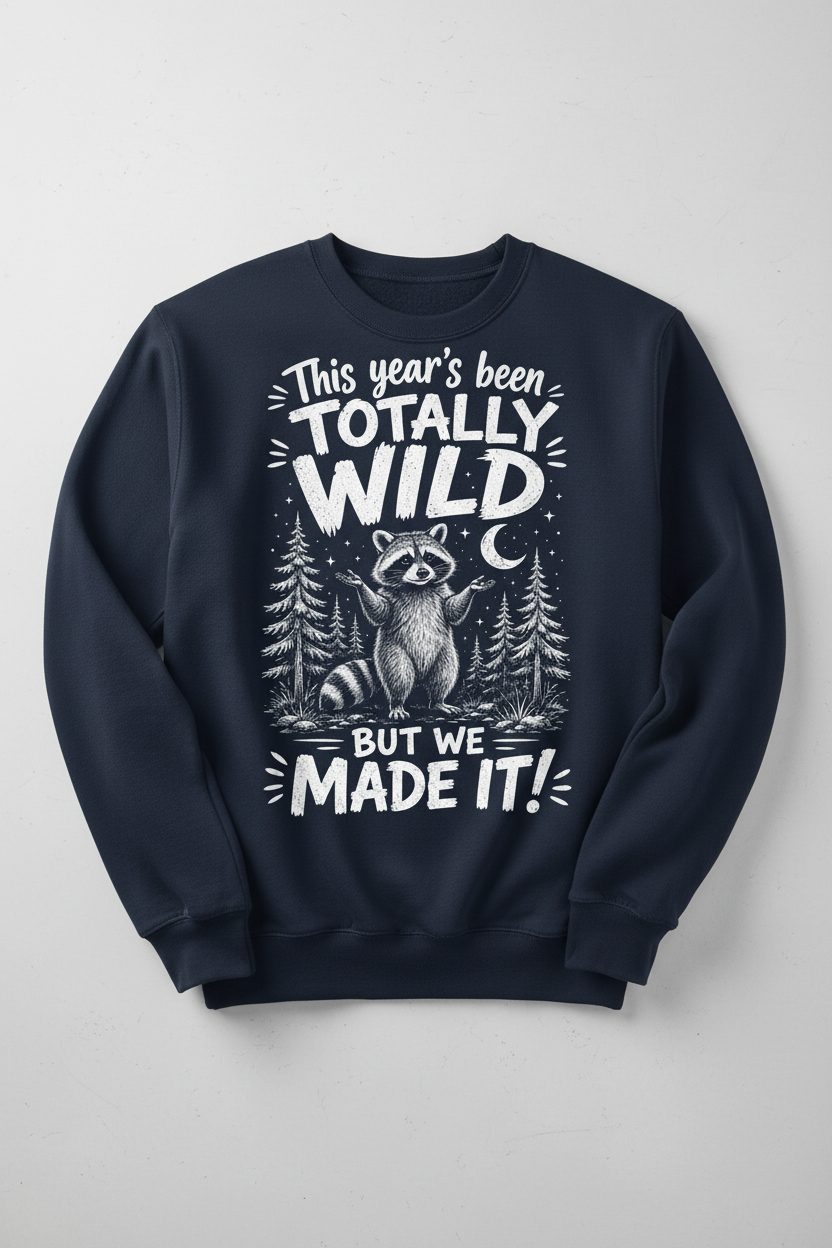 Totally Wild Year Raccoon Funny People Sense of Humor Sweatshirt - product mockup - Navy