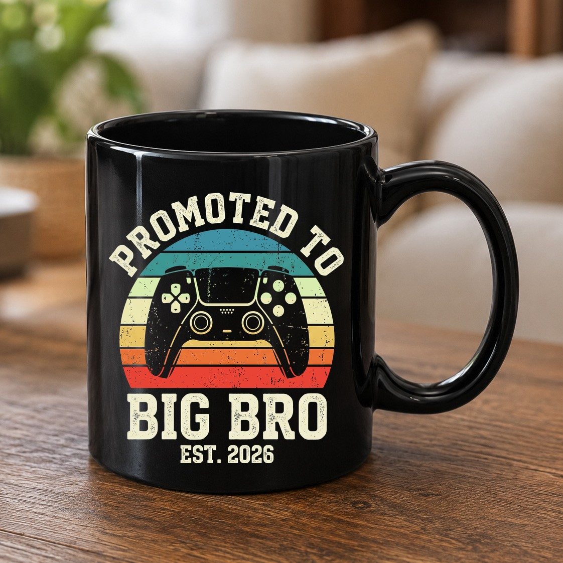 Promoted TO BIG BRO EST 2026 Retro Gaming Black Mug - product mockup - Black
