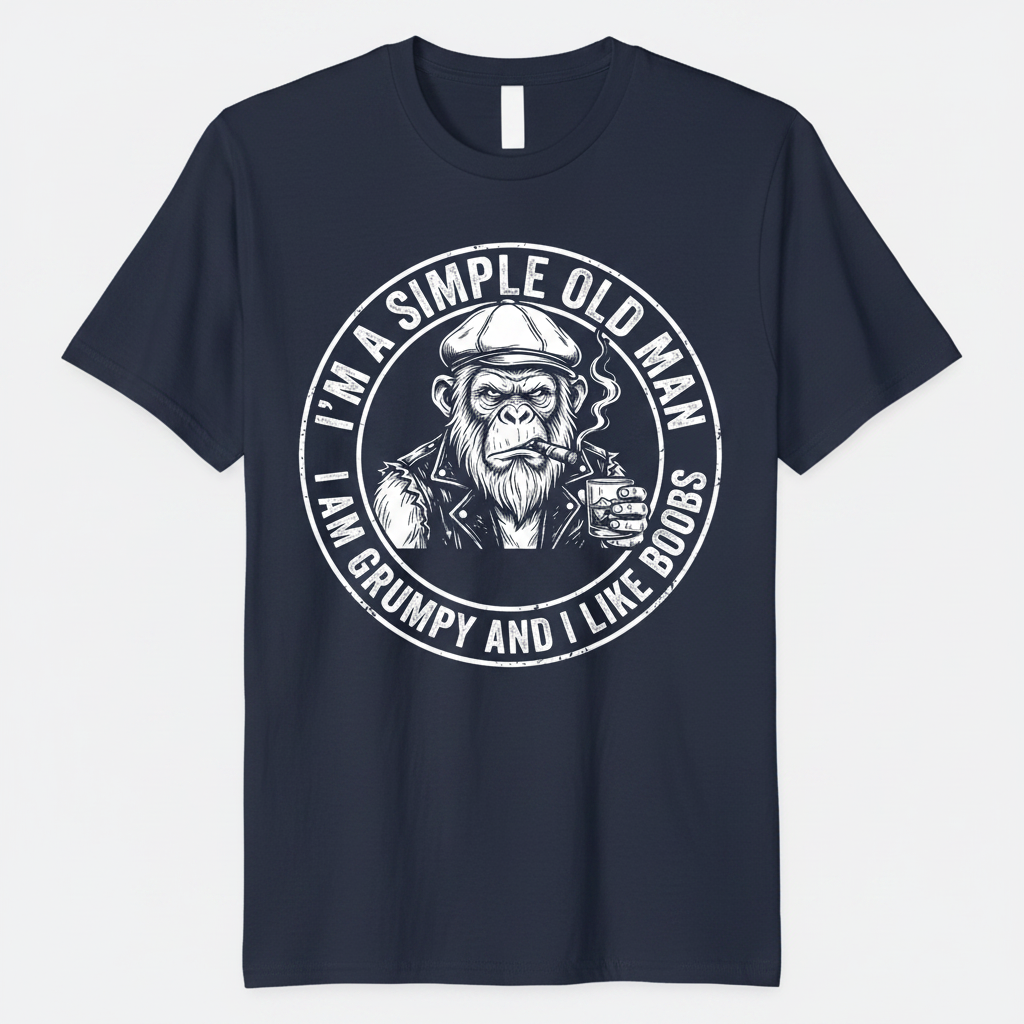 Grumpy Old Man Ape with Whiskey and Cigar Funny Quote T-Shirt - Navy