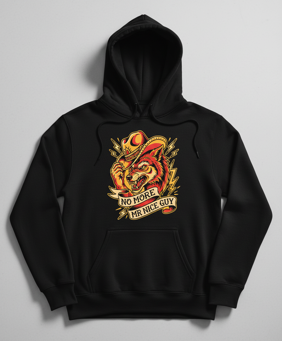 No More Mr Nice Guy Wolf Cowboy Tattoo Art Hoodie - Black