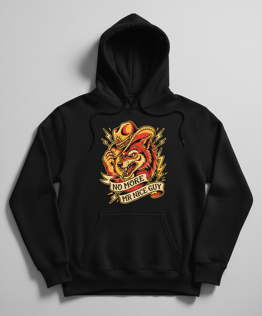 No More Mr Nice Guy Wolf Cowboy Tattoo Art Hoodie - Black