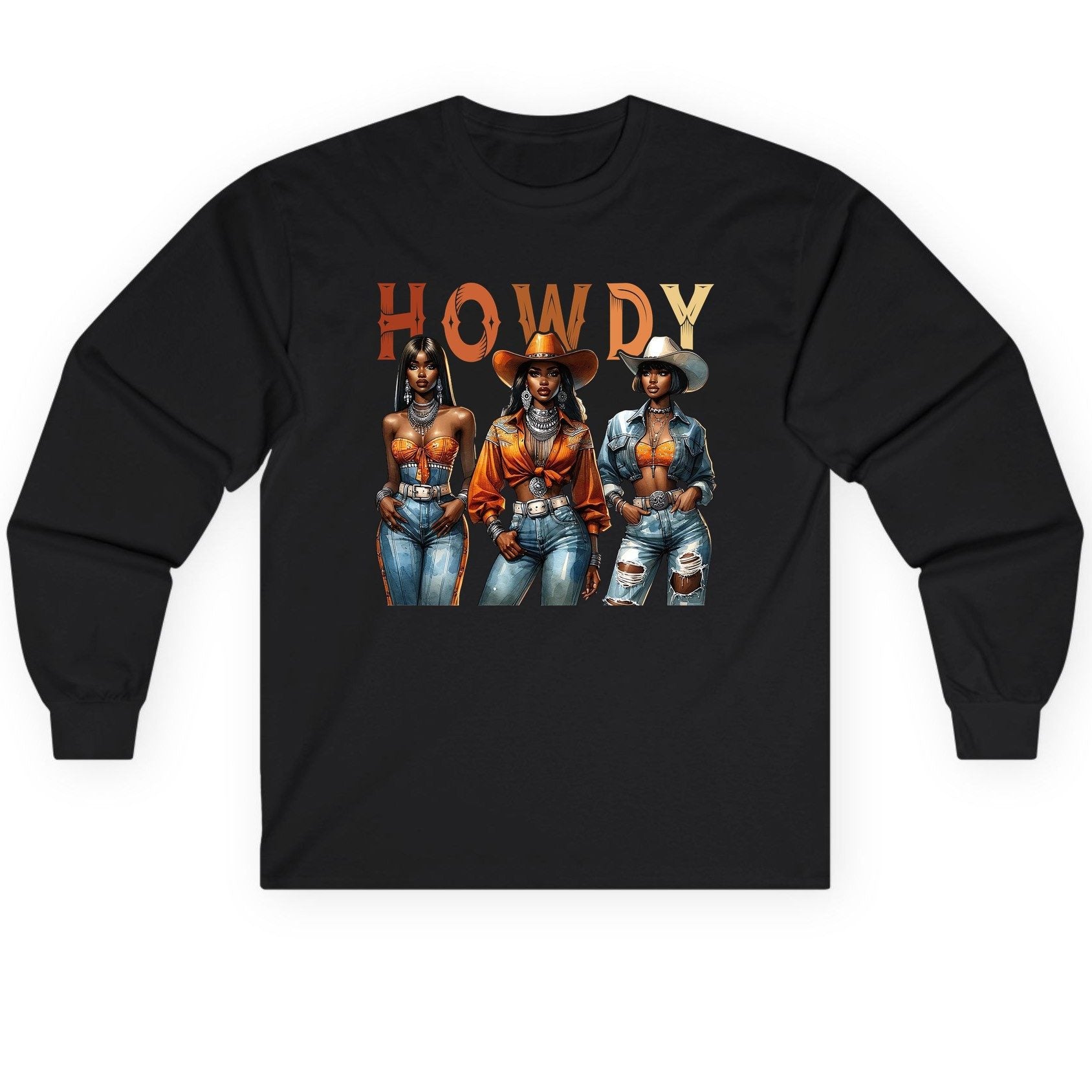 Howdy black cowgirls Long Sleeve Tee Black product mockup