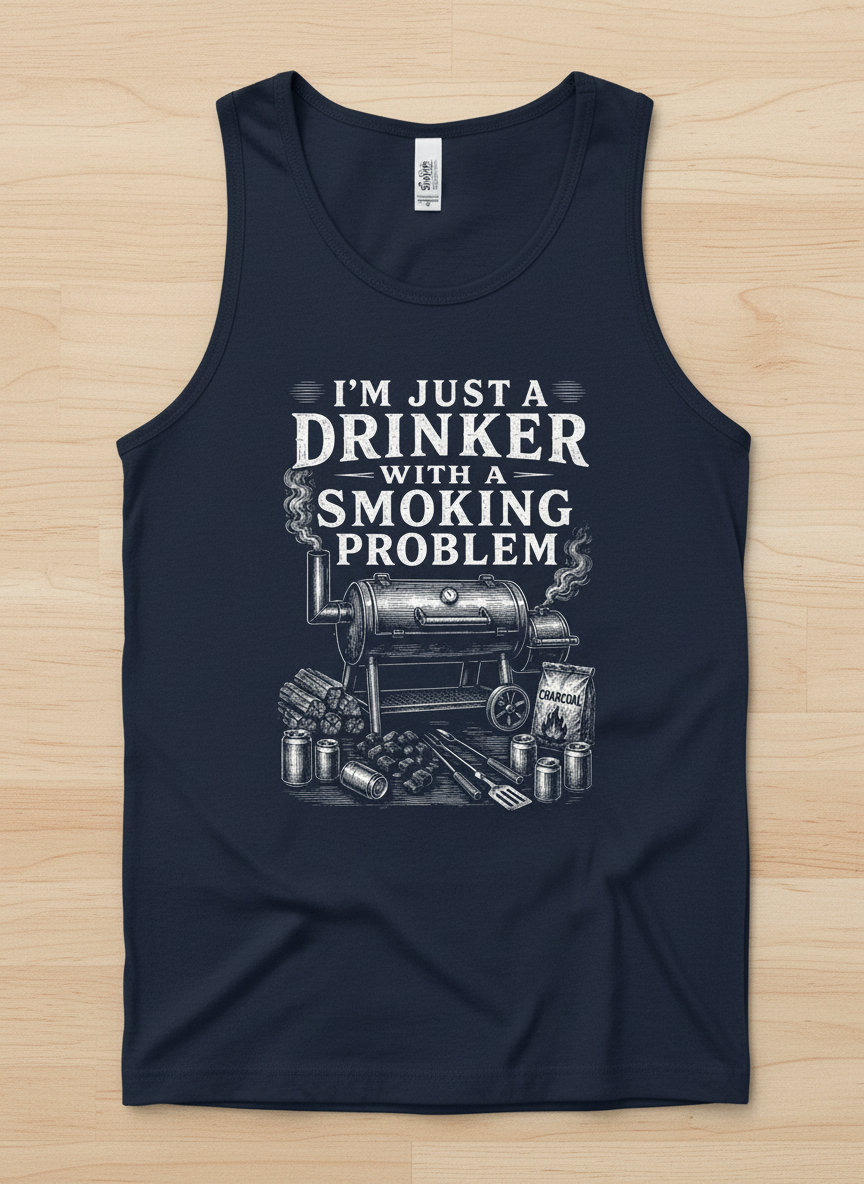 I'M JUST A DRINKER WITH A SMOKING PROBLEM Funny Drinker With A Smoking Problem BBQ Tank Top - product mockup - Navy