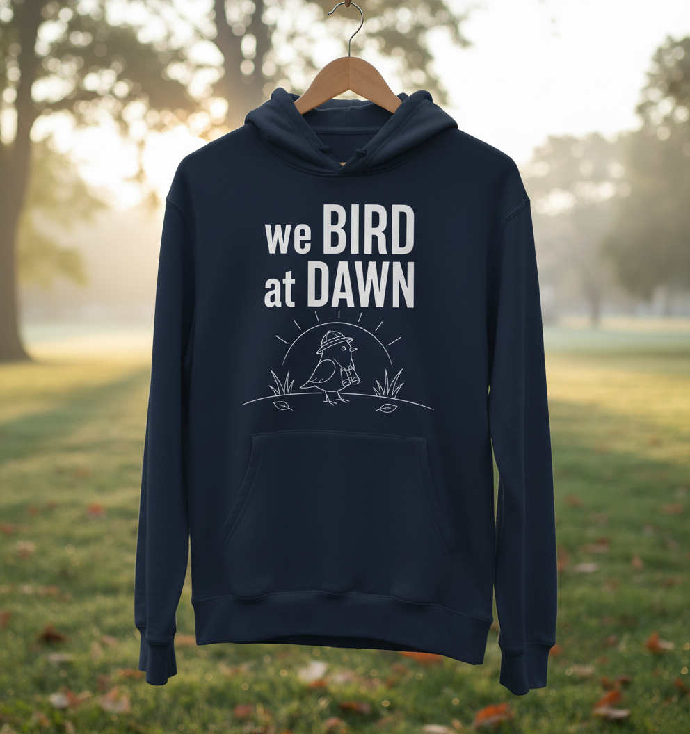Funny We Bird at Dawn Birdwatching Hoodie - product mockup - Navy