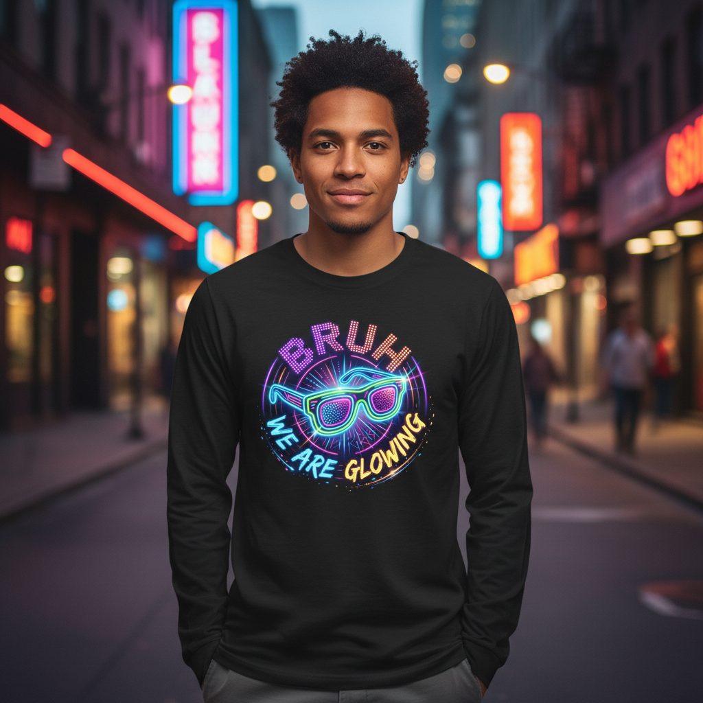 BRUH WE ARE GLOWING Neon Party Long Sleeve Tee Black lifestyle mockup