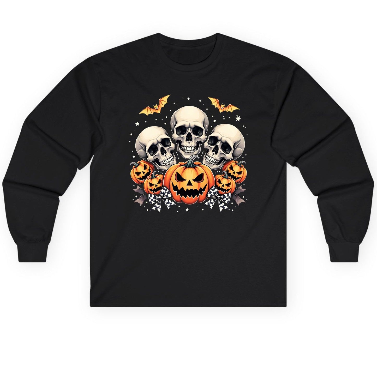 Skulls and Pumpkins Halloween Halloween Long Sleeve Tee Black product mockup