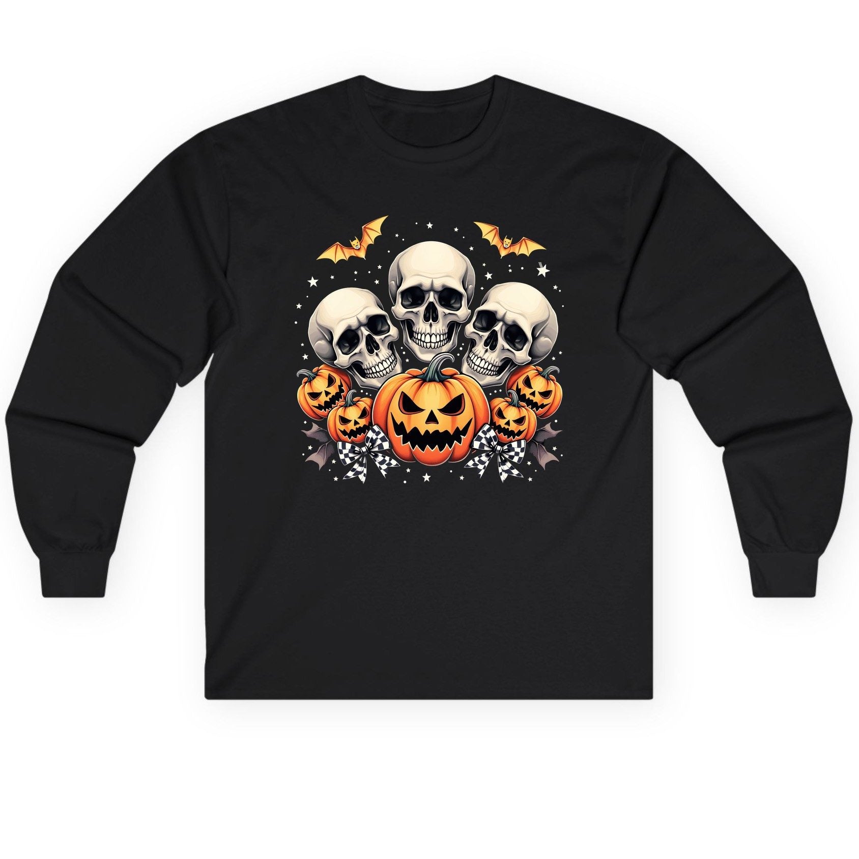Skulls and Pumpkins Halloween Halloween Long Sleeve Tee Black product mockup