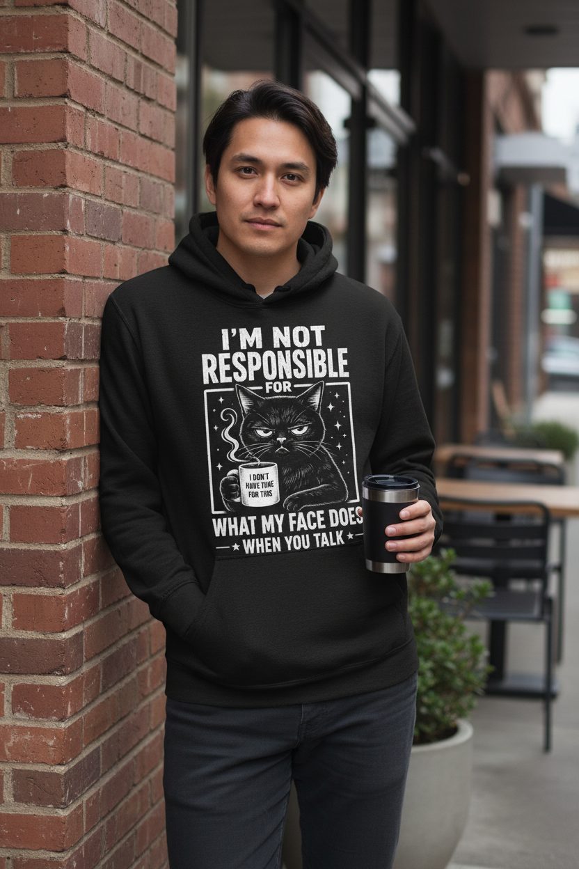 I'm Not Responsible for What My Face Does When You Talk Funny Sarcastic Cat Hoodie - lifestyle model mockup - Black