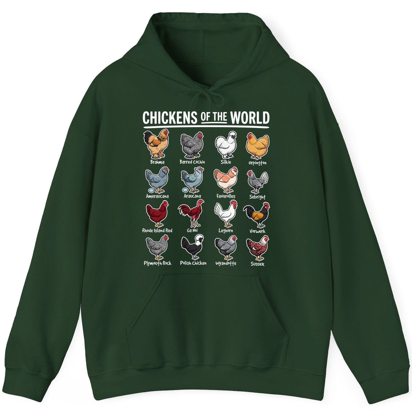 Chickens of the World chicken breeds Hoodie Forest Green product mockup