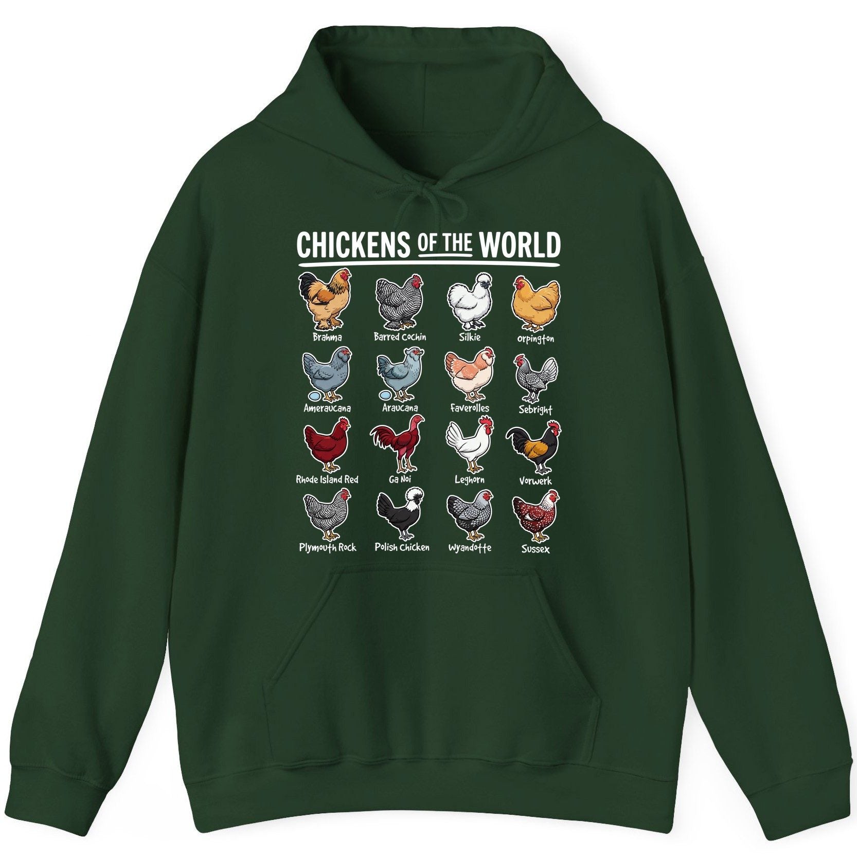 Chickens of the World chicken breeds Hoodie Forest Green product mockup