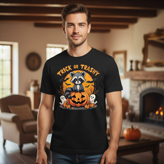 Trick or Trashy raccoon T-Shirt Black lifestyle mockup