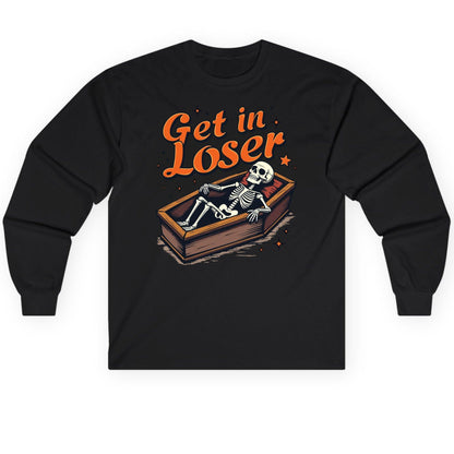 Get in Loser skeleton in coffin Long Sleeve Tee Black product mockup