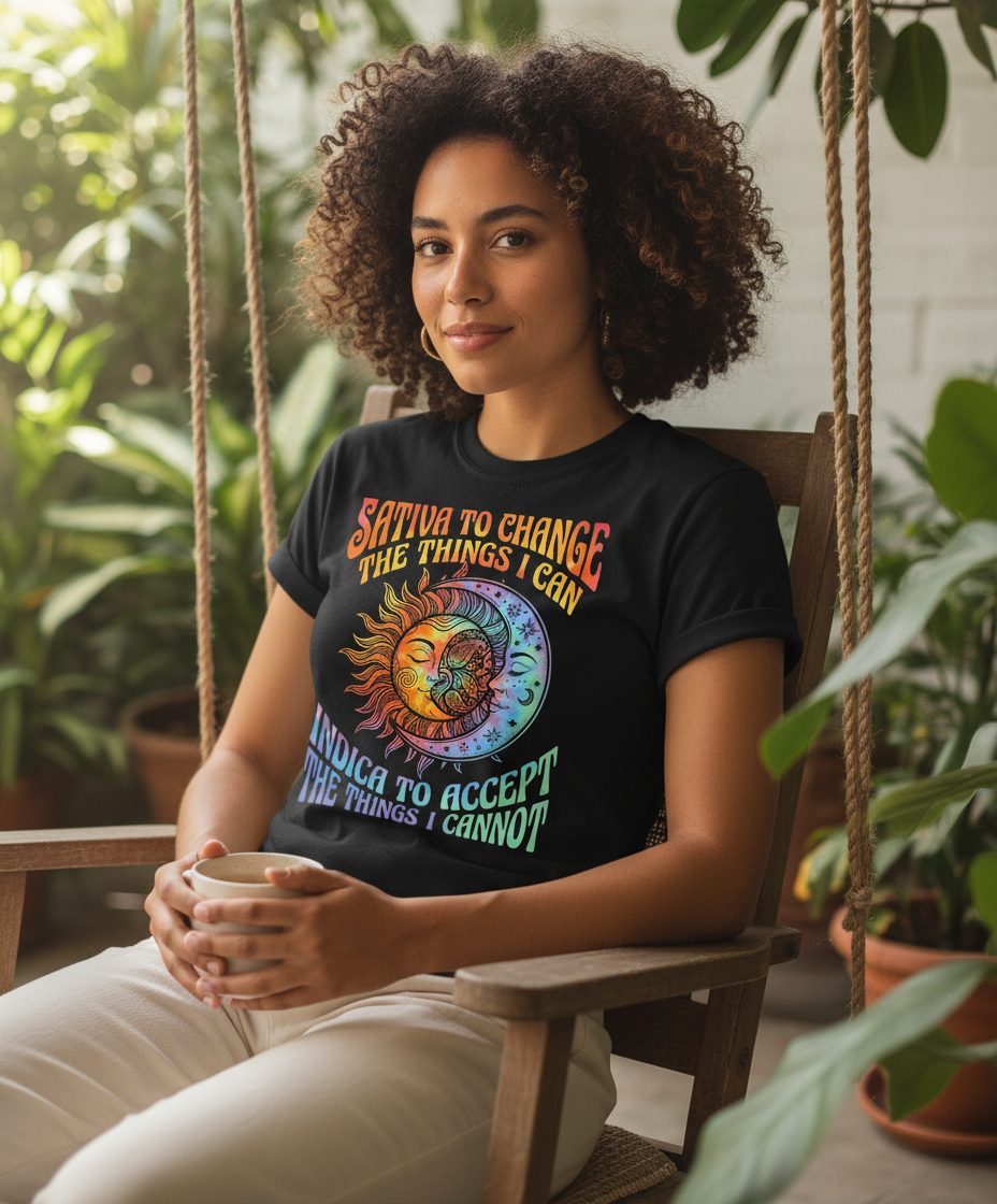SATIVA TO CHANGE THE THINGS I CAN INDICA TO ACCEPT THE THINGS T-Shirt - lifestyle model mockup - Black