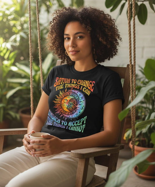 SATIVA TO CHANGE THE THINGS I CAN INDICA TO ACCEPT THE THINGS T-Shirt - lifestyle model mockup - Black