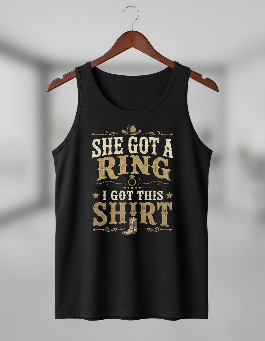 SHE GOT a RING I GOT THIS SHIRT Funny Bachelor Party Tank Top - product mockup - Black