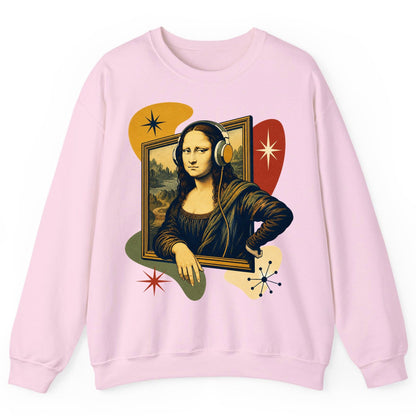 Retro Mona Lisa with Headphones Funny Art Lovers Sweatshirt - product mockup - Light Pink