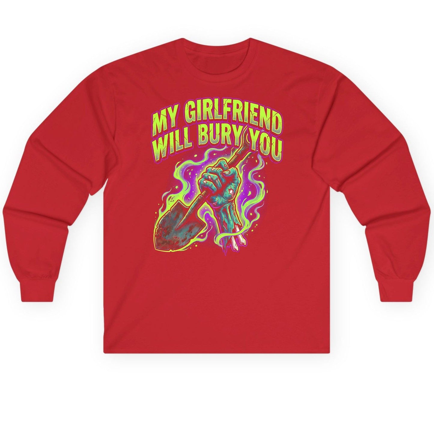 My Girlfriend Will Bury You zombie Long Sleeve Tee Red product mockup