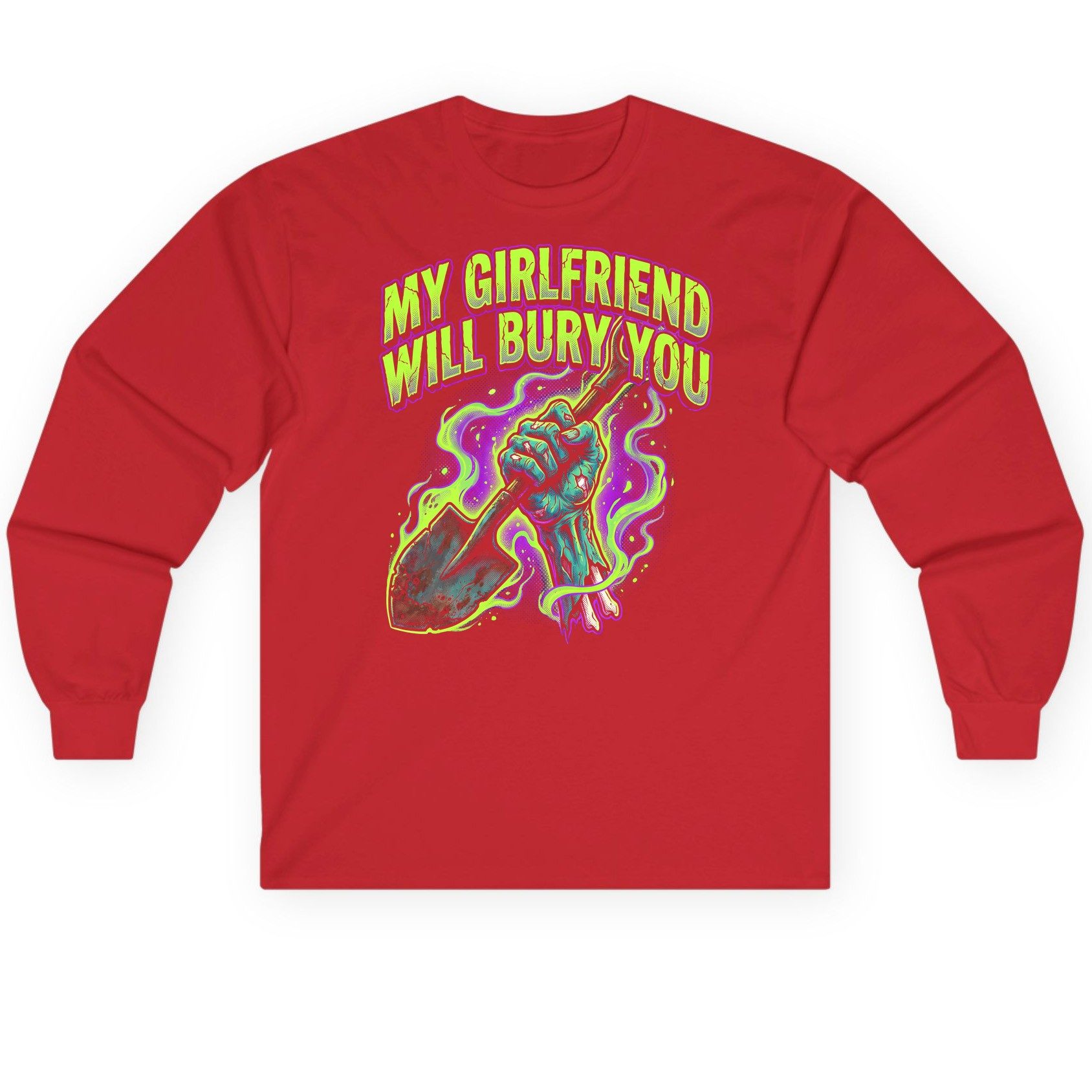 My Girlfriend Will Bury You zombie Long Sleeve Tee Red product mockup