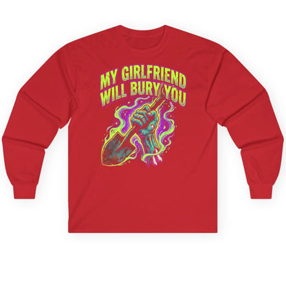 My Girlfriend Will Bury You zombie Long Sleeve Tee Red product mockup