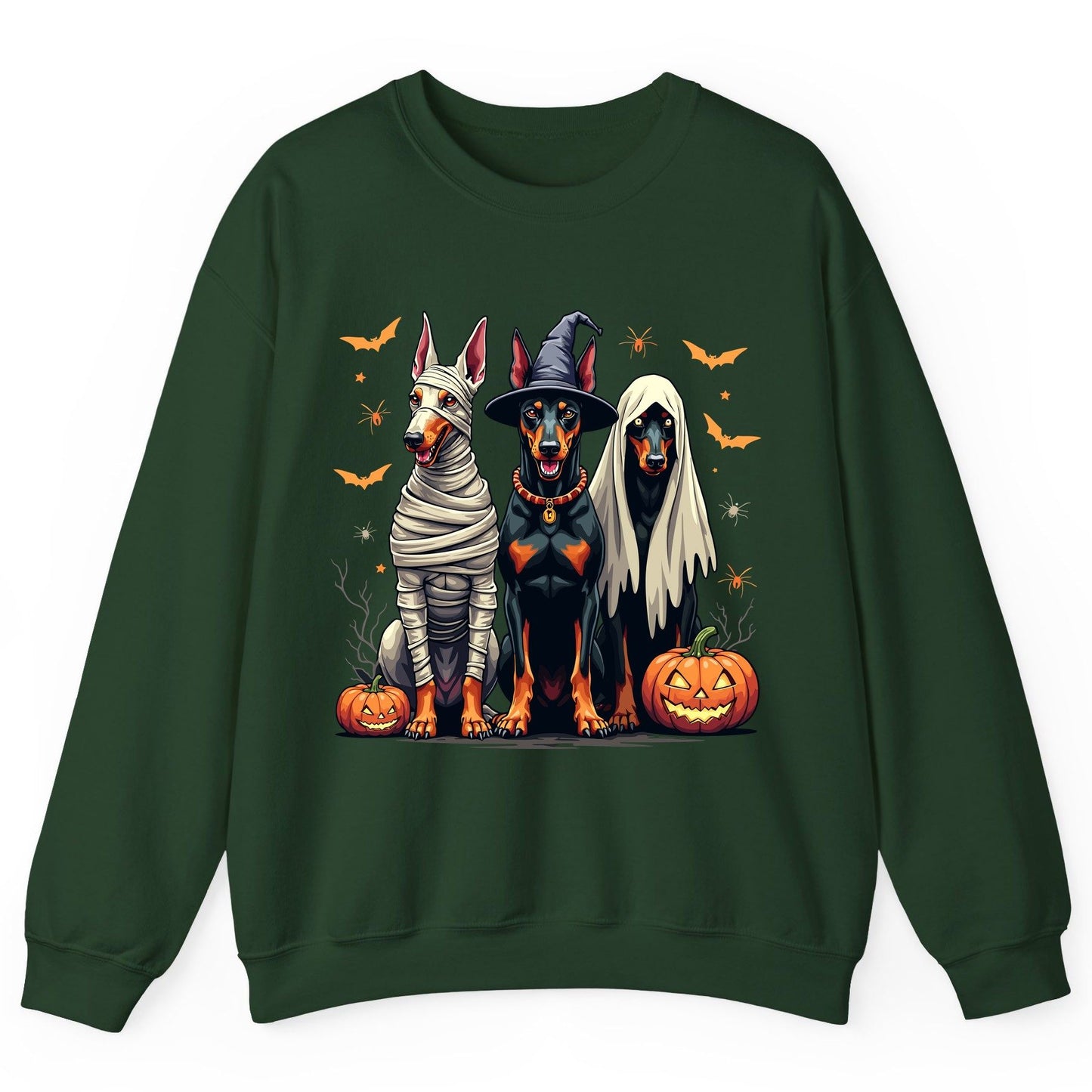 Halloween Doberman Trio doberman pinscher Sweatshirt Forest Green product mockup