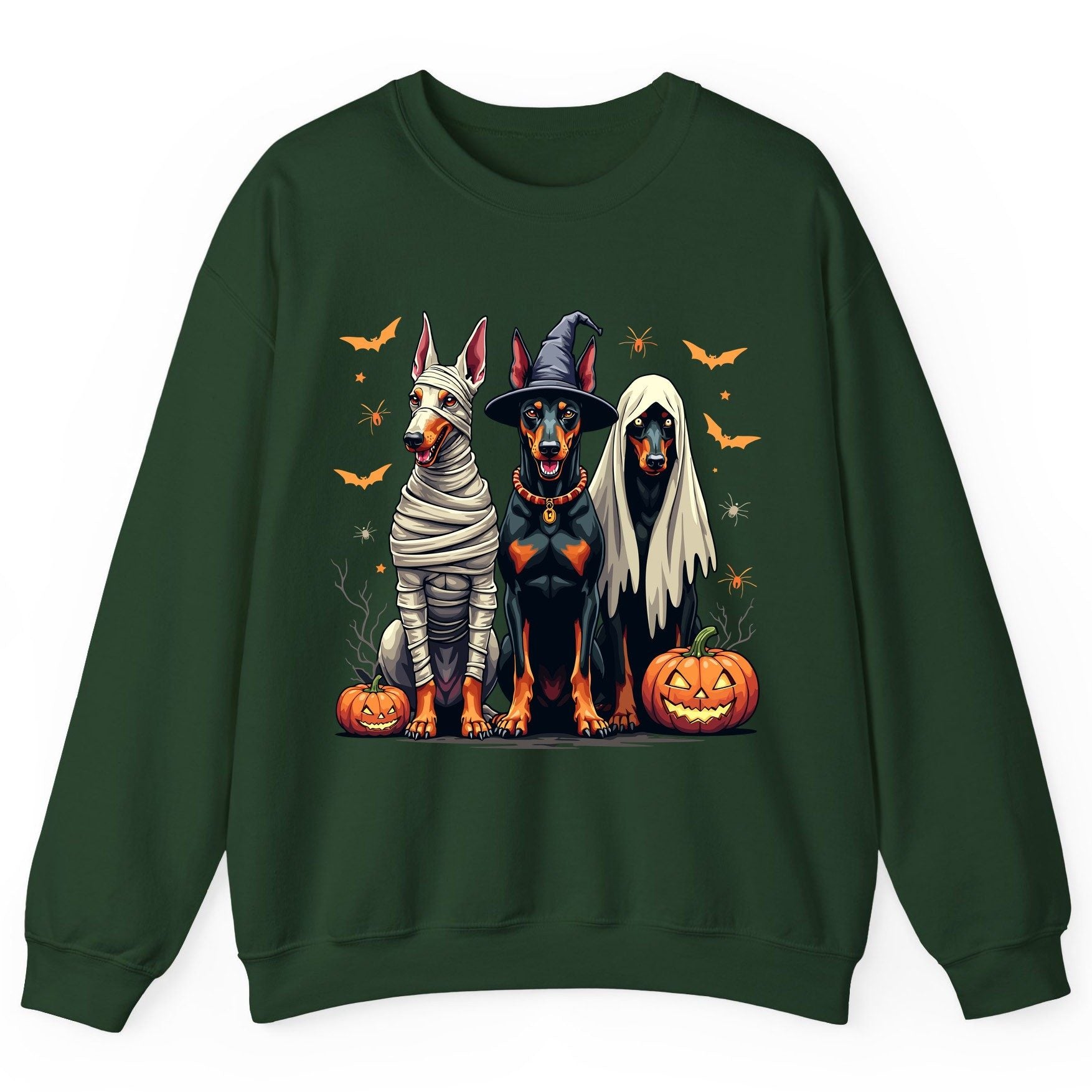 Halloween Doberman Trio doberman pinscher Sweatshirt Forest Green product mockup