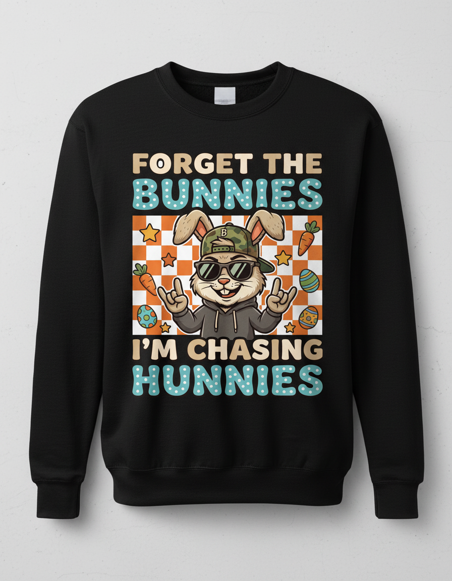 Funny Cool Easter Bunny Chasing Hunnies Design Sweatshirt - Black