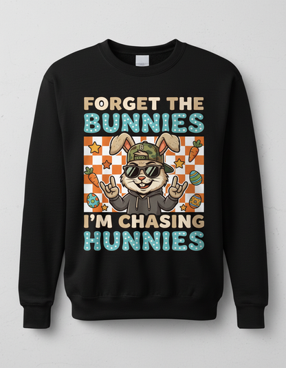 Funny Cool Easter Bunny Chasing Hunnies Design Sweatshirt - Black