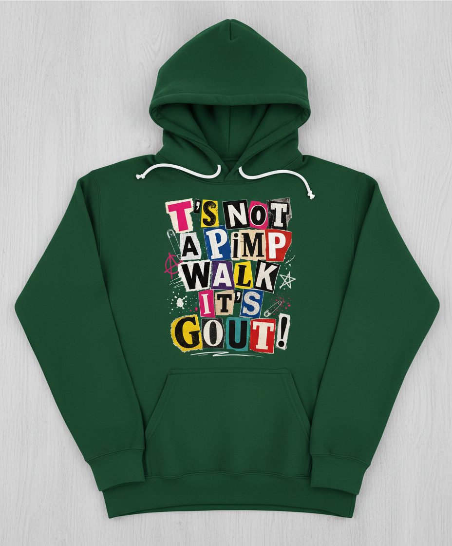 T's Not a Pimp Walk It's Gout Funny Humor Hoodie - product mockup - Forest Green