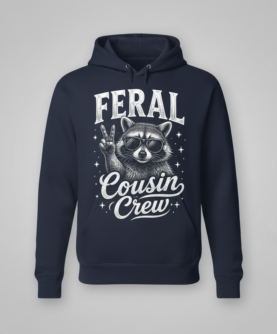 Feral Cousin Crew Raccoon T-Shirt Hoodie - Navy