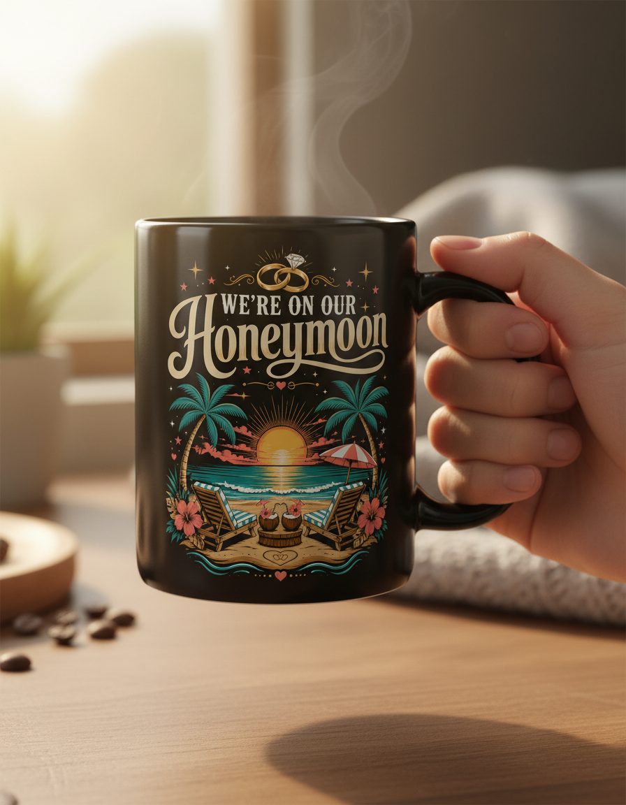 We're on Our Honeymoon Retro Newlyweds Black Mug - lifestyle model mockup - Black