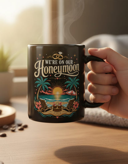 We're on Our Honeymoon Retro Newlyweds Black Mug - lifestyle model mockup - Black