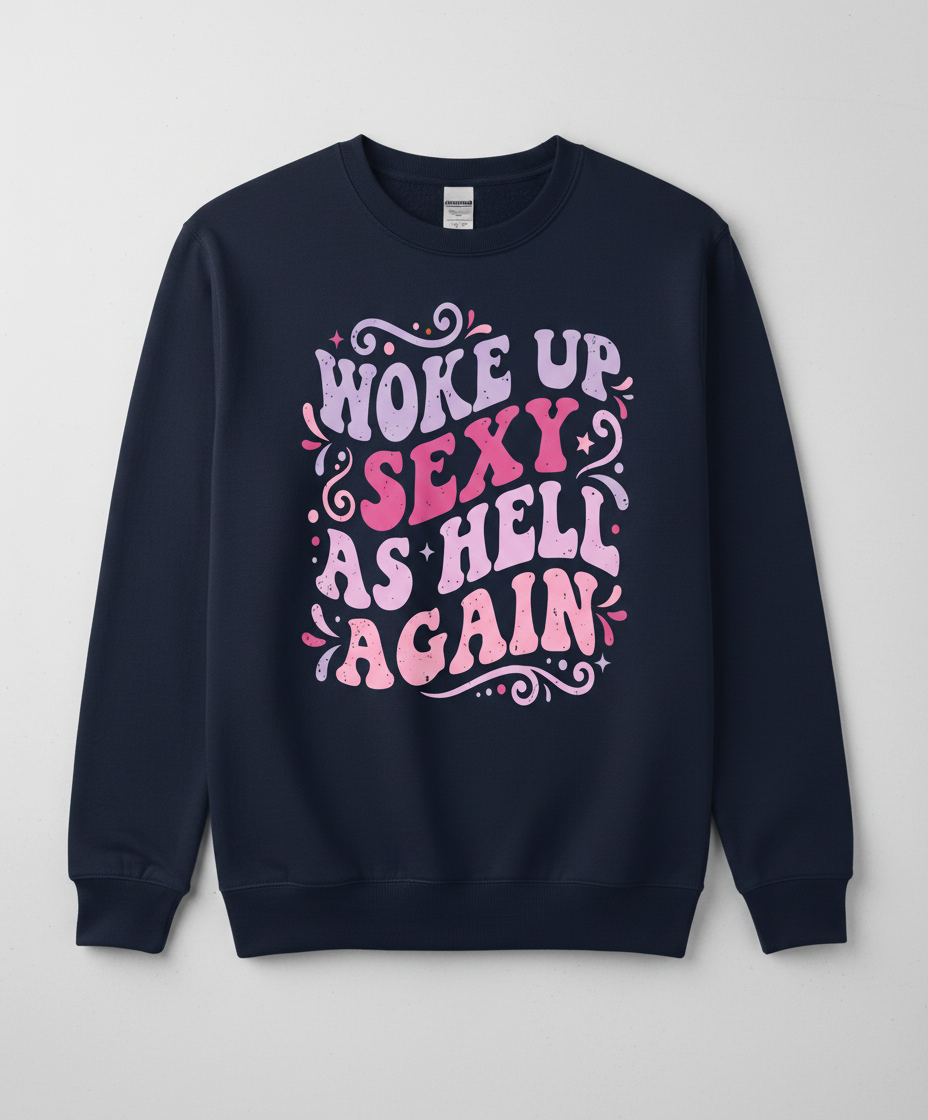 Woke Up Sexy As Hell Again Groovy Retro Typography Sweatshirt - Navy