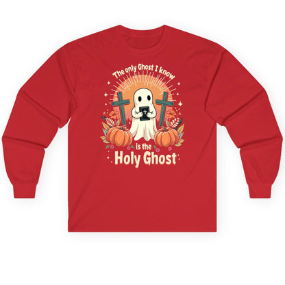 The Only Ghost I Know Is the Holy Ghost christian Halloween Long Sleeve Tee Red product mockup