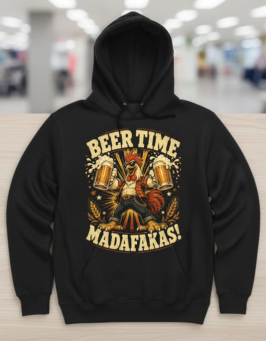 Beer Time Madafakas Funny Rooster Hoodie - product mockup - Black