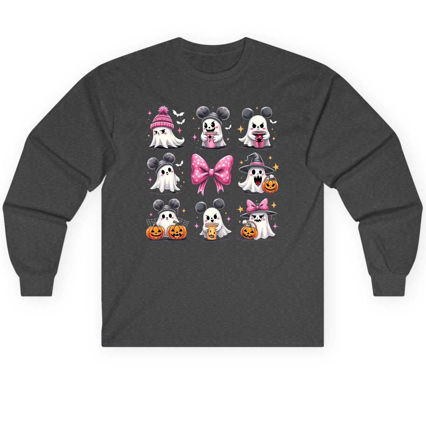 Cute Pink Halloween Ghosts Halloween ghosts Long Sleeve Tee Dark Heather product mockup