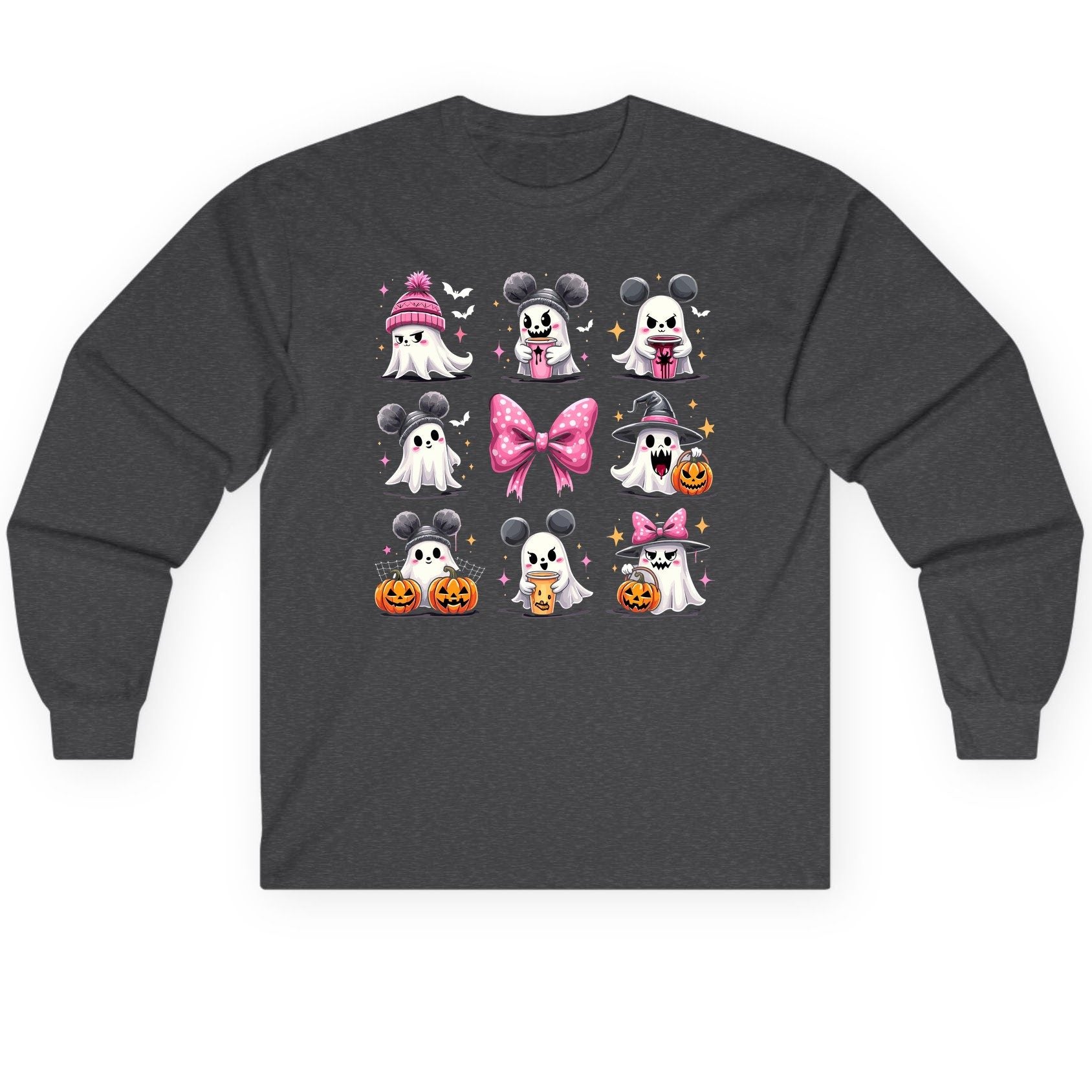 Cute Pink Halloween Ghosts Halloween ghosts Long Sleeve Tee Dark Heather product mockup