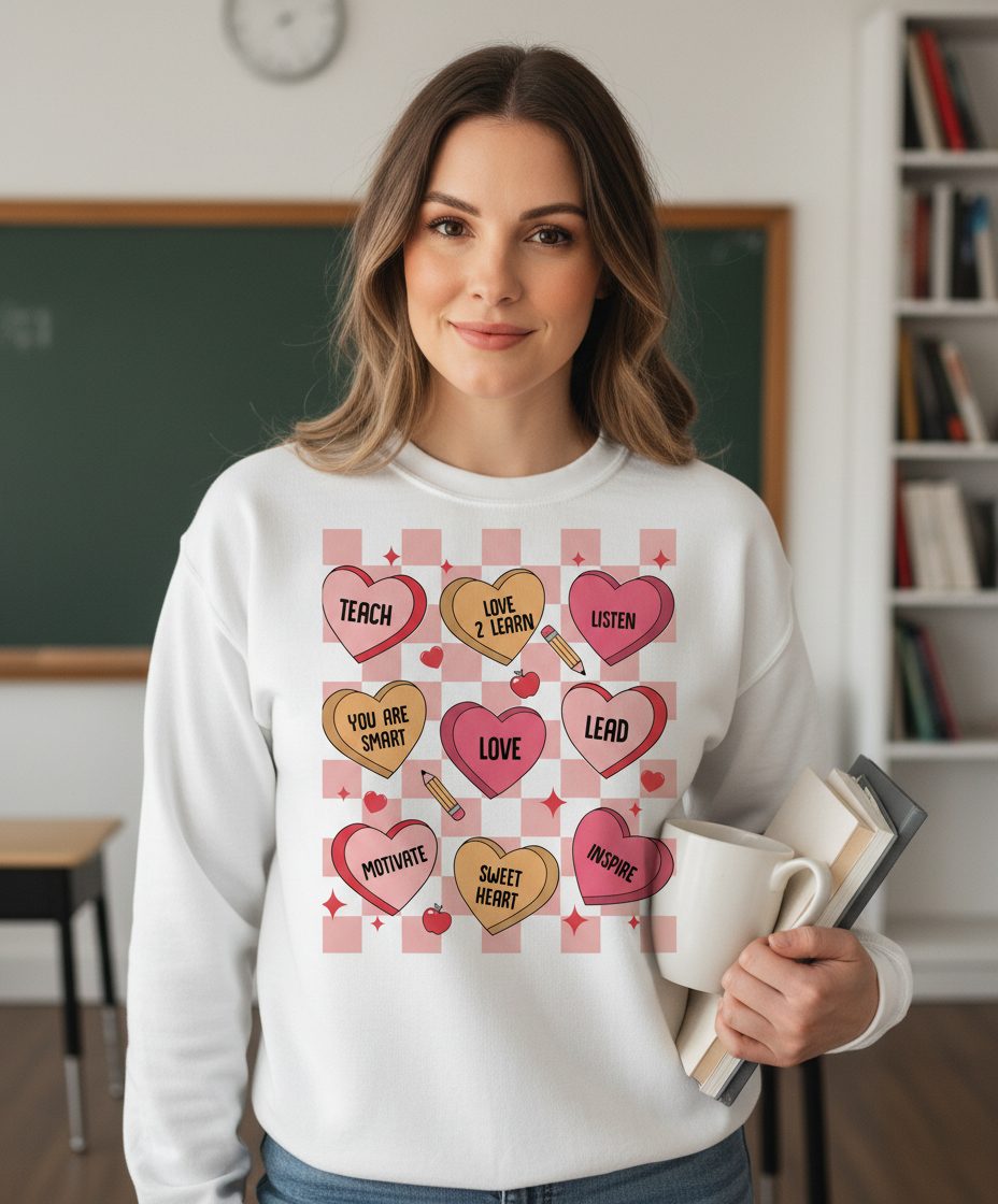 Inspirational Teacher Conversation Hearts teacher appreciation Sweatshirt White lifestyle mockup