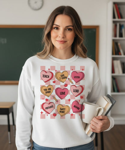 Inspirational Teacher Conversation Hearts teacher appreciation Sweatshirt White lifestyle mockup