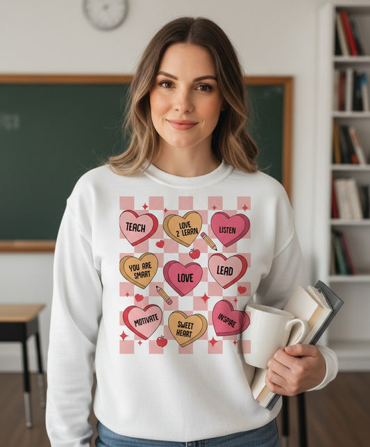 Inspirational Teacher Conversation Hearts teacher appreciation Sweatshirt White lifestyle mockup
