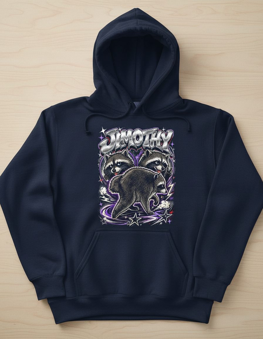 Jimothy Funny Raccoon Hoodie - product mockup - Navy