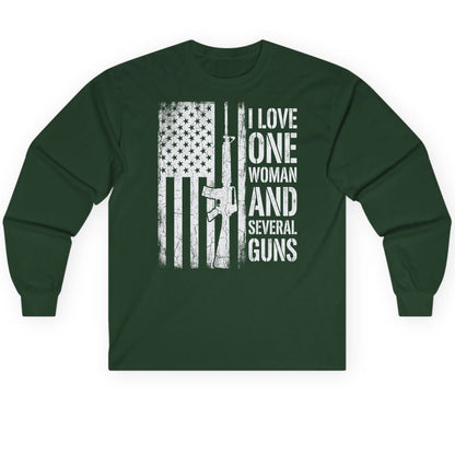 I LOVE ONE WOMAN AND Several GUNS Funny Pro-Gun Long Sleeve Tee - product mockup - Forest Green