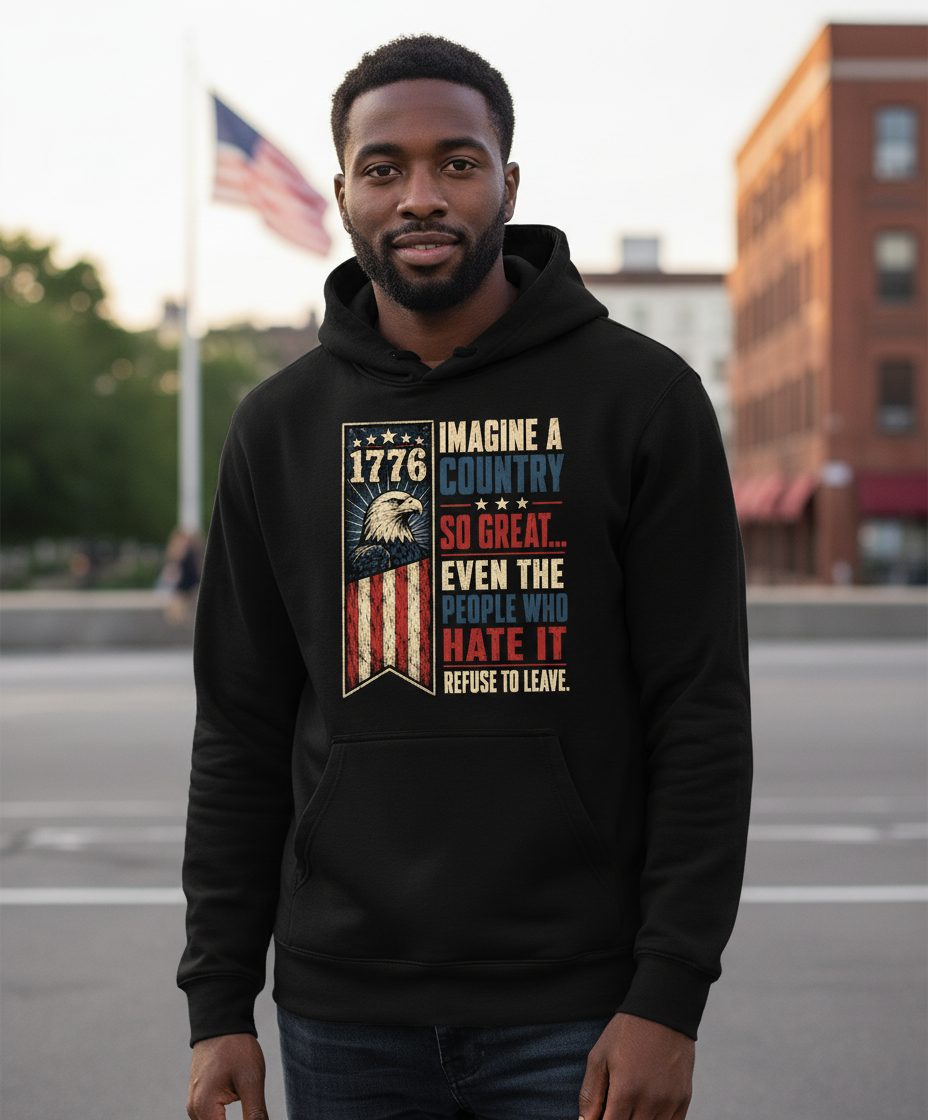 Imagine a Country So Great Patriotic Funny Patriots Hoodie - lifestyle model mockup - Black