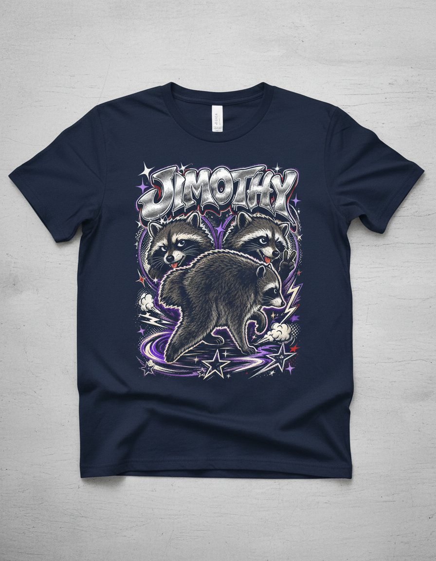 Jimothy Funny Raccoon T-Shirt - product mockup - Navy