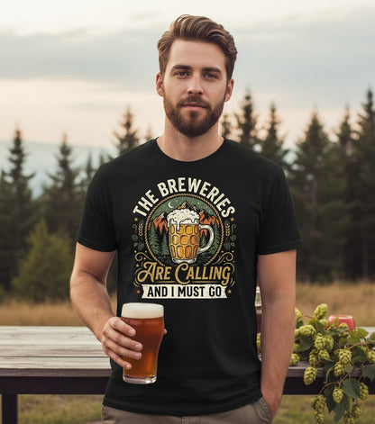 The Breweries Are Calling and I Must Go Funny Craft Beer T-Shirt - lifestyle model mockup - Black