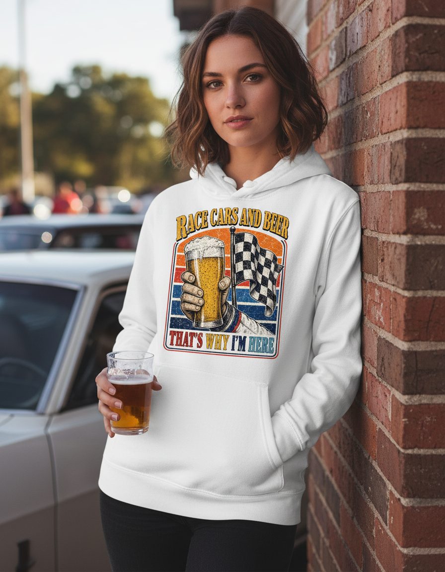 Race Cars and Beer That's Why I'm Here Funny Racing Hoodie - lifestyle model mockup - White